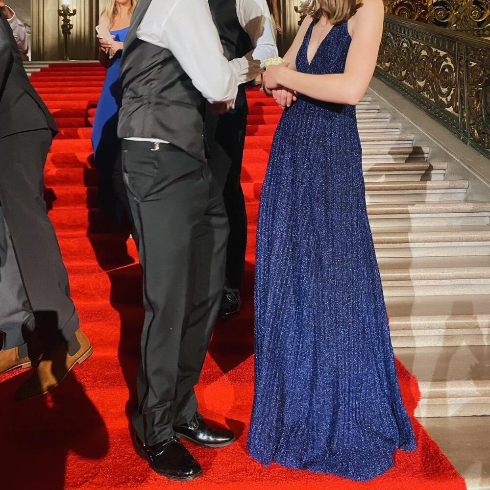 Navy Shimmery Prom Dress V-Neck Open Back Maxi Dress